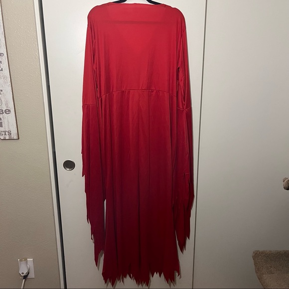Long Red Devil V Neck Dress Costume with Slit & Devil Tail, Size Medium - Picture 10 of 12